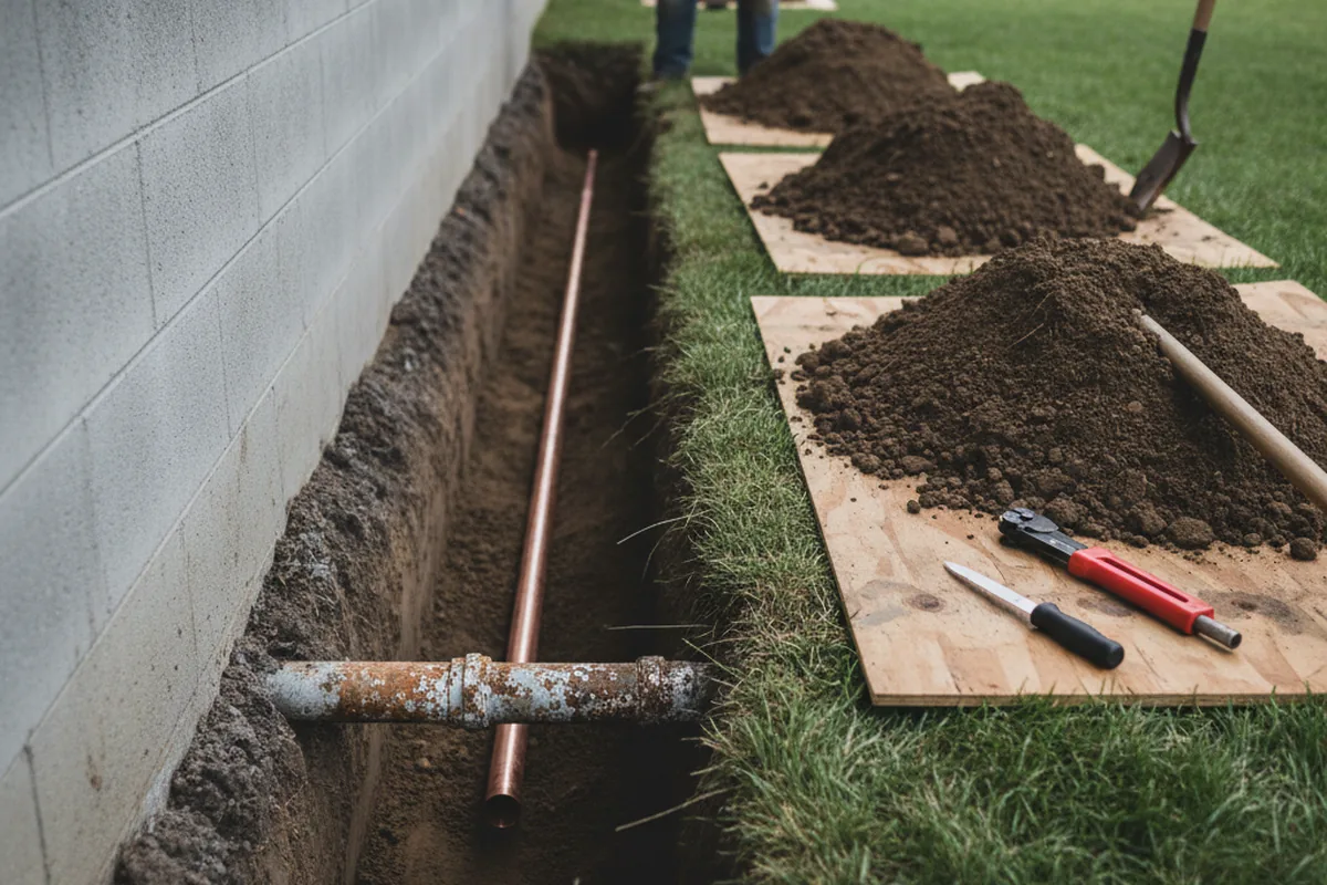 Excavated water line trench during Water Softener Installation in Congress